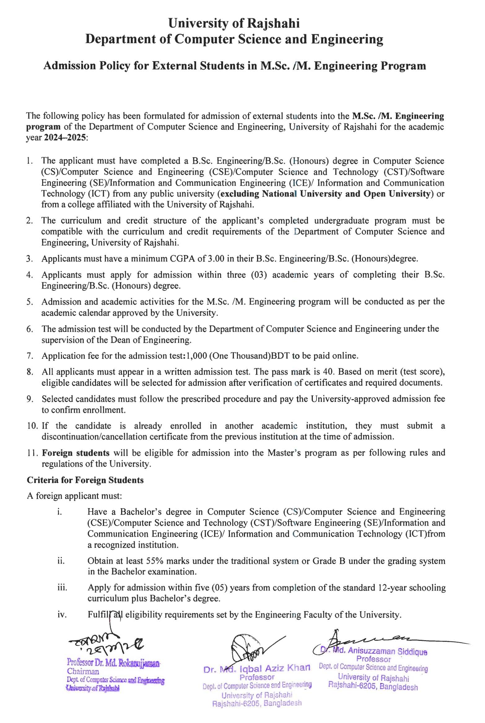 Admission Policy for External Students in M.Sc. /M. Engineering Program ...